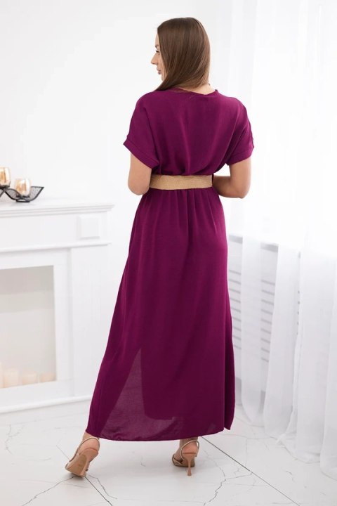 Sukienka długa maxi w kolorze śliwkowym z ozdobnym paskiem