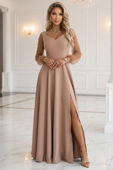 640-4 LORETTA wyjątkowa długa sukienka z tiulowymi rękawami i dekoltem - beżowa