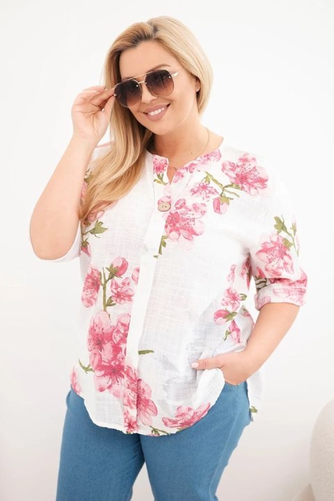 Bluzka damska bawełniana Plus Size z dekoltem V w kwiatowy wzór biała