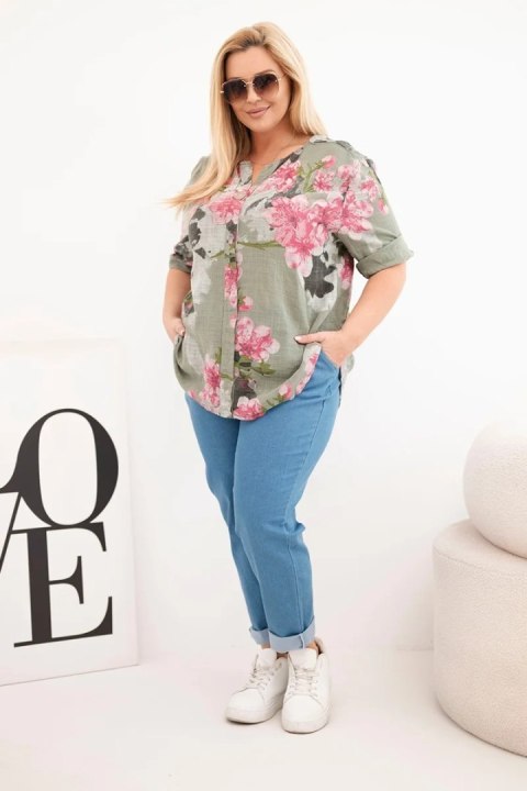 Bluzka damska Plus Size bawełniana w kwiaty khaki