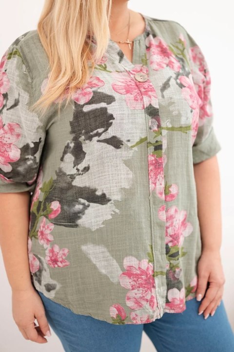 Bluzka damska bawełniana Plus Size z dekoltem V w kwiatowy wzór khaki