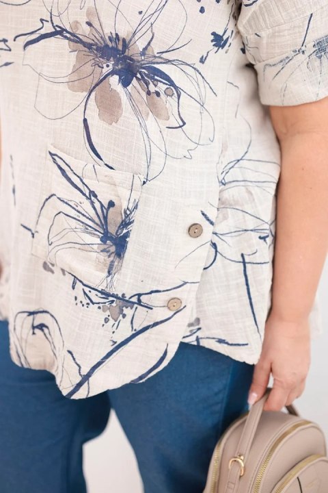Bluzka damska bawełniana Plus Size z krótkim rękawem i kieszenią beżowa