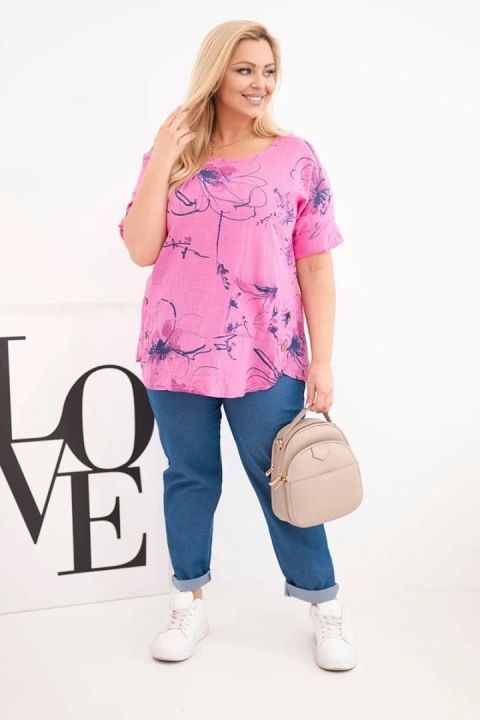 Różowa bluzka damska Plus Size bawełniana z kieszonką