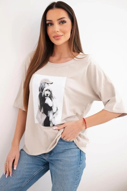 Bluzka damska bawełniana oversize z krótkim rękawem i modnym nadrukiem beżowa