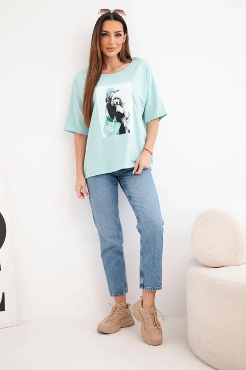 Bluzka damska bawełniana oversize z krótkim rękawem i modnym nadrukiem ciemno miętowa