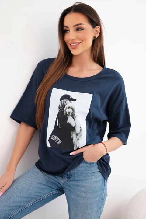 Granatowa bluzka bawełniana oversize z nadrukiem