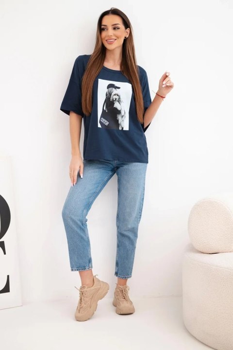 Granatowa bluzka bawełniana oversize z nadrukiem