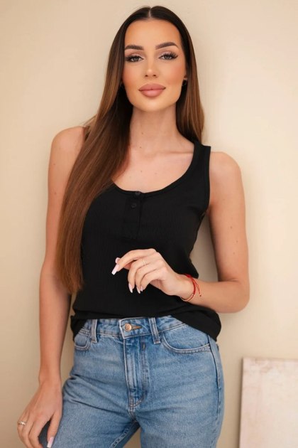 Bluzka damska prążkowana na ramiączkach z guzikiem czarna