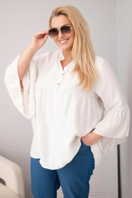 Bluzka damska wiskozowa Plus Size z falbaniastym rękawem i dekoltem V beżowa