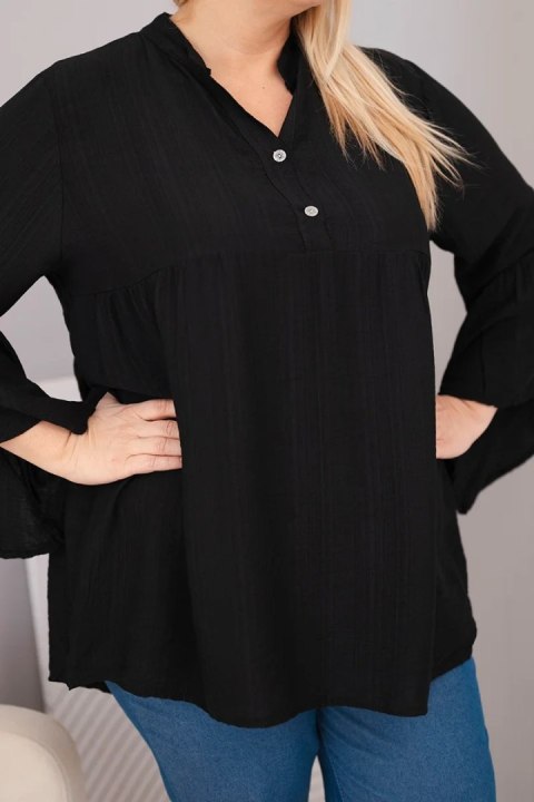 Bluzka damska wiskozowa Plus Size z falbaniastym rękawem i dekoltem V czarna