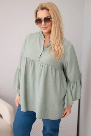 Bluzka damska wiskozowa Plus Size z falbaniastym rękawem i dekoltem V khaki