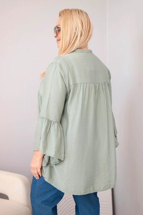 Bluzka damska wiskozowa Plus Size z falbaniastym rękawem i dekoltem V khaki