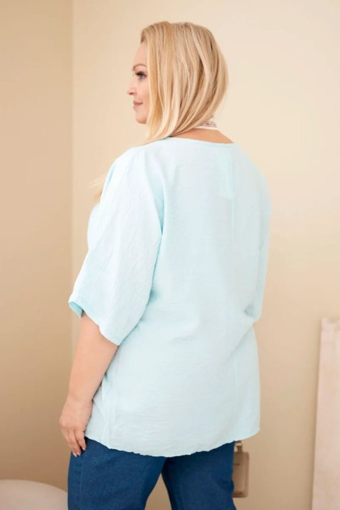 Bluzka damska wiskozowa Plus Size z krótkim rękawem i ozdobną apaszką miętowa