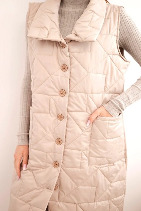 Kamizelka damska pikowana długa z kieszeniami i stójką ciemno beżowa