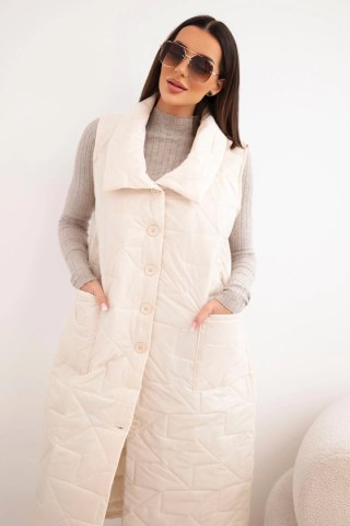 Kamizelka damska pikowana długa z kieszeniami i stójką jasno beżowa