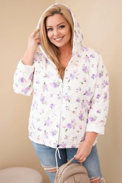 Kurtka damska wiosenna Plus Size w drobnym wzorem w kwiaty fioletowa
