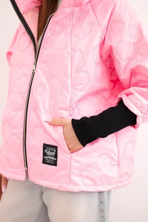 Kurtka damska wiosenna pikowana z ozdobnym tłoczeniem i zamkiem cukierkowy róż