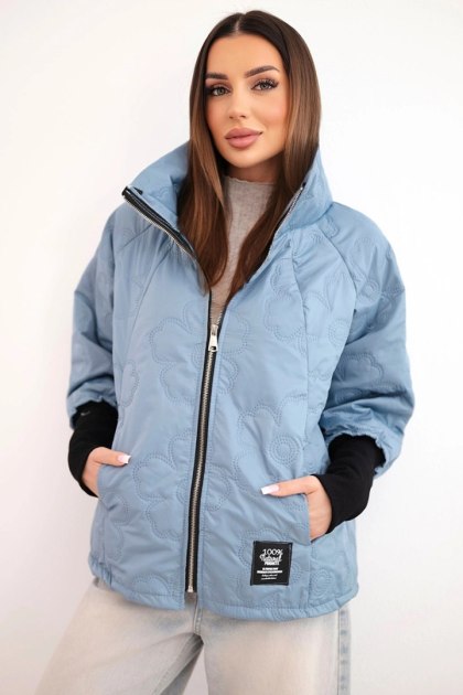 Kurtka damska wiosenna pikowana z ozdobnym tłoczeniem i zamkiem jeansowa