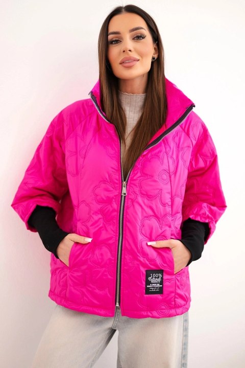 Kurtka damska wiosenna pikowana z ozdobnym tłoczeniem i zamkiem różowy neon