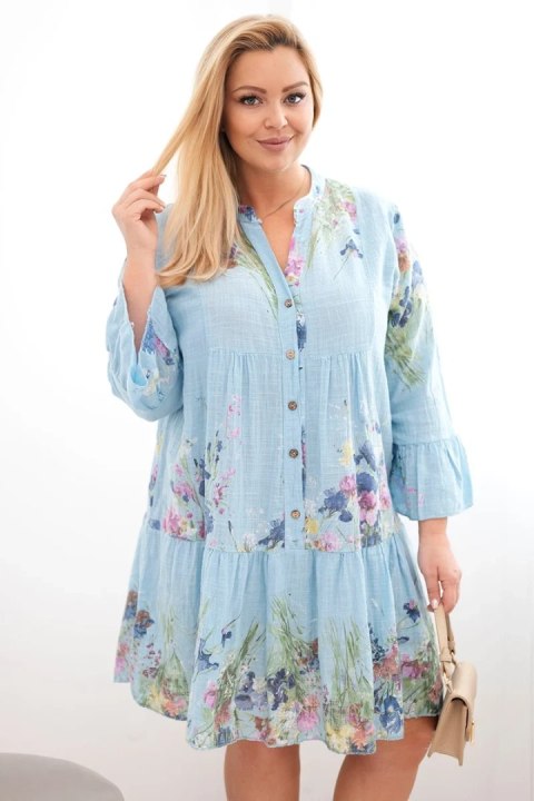 Sukienka damska bawełniana Plus Size z dekoltem V i guzikami kwiatowy wzór niebieska