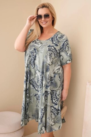 Sukienka damska wiskozowa Plus Size z krótkim rękawem i fasonem paisley khaki