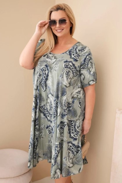 Sukienka damska wiskozowa Plus Size z krótkim rękawem i fasonem paisley khaki