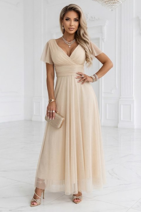 635-9 MELANIA długa błyszcząca suknia na wesele z dekoltem i krótkim rękawkiem - beżowa