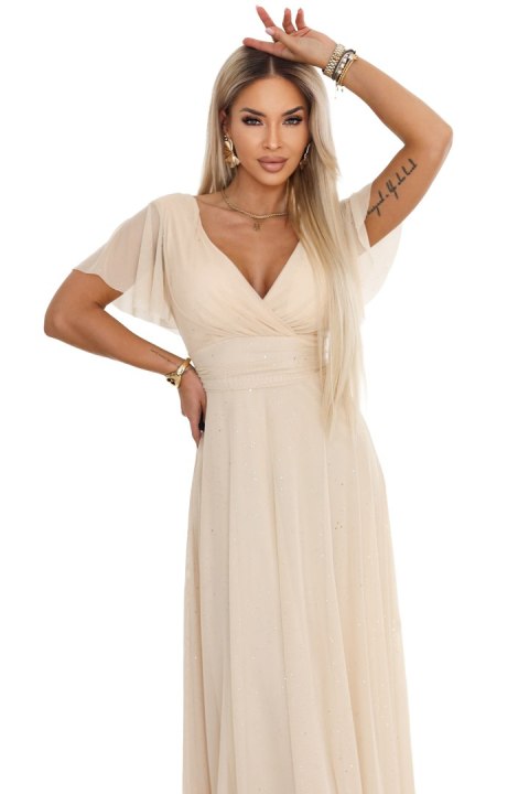 635-9 MELANIA długa błyszcząca suknia na wesele z dekoltem i krótkim rękawkiem - beżowa