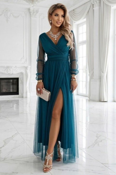 664-2 Długa sukienka maxi z tiulowymi rękawami i kopertowym dekoltem - zieleń butelkowa