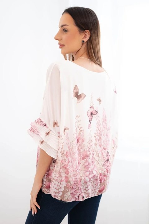 Bluzka damska z plisowanym rękawem i nadrukiem różowa