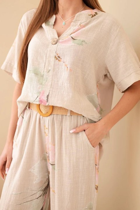 Komplet damski bawełniany z krótkim rękawem i szeroką nogawką beżowy