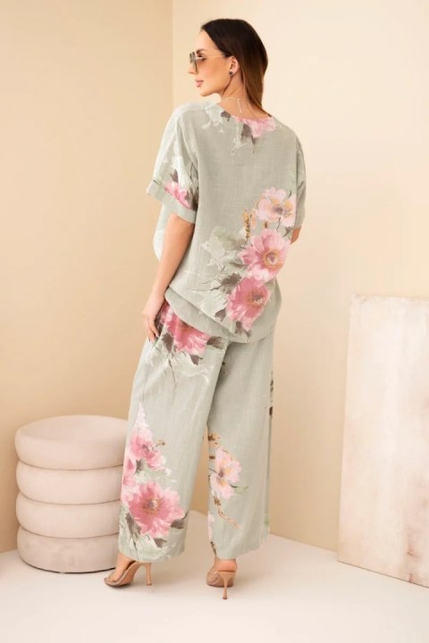 Komplet damski bawełniany z krótkim rękawem i szeroką nogawką khaki