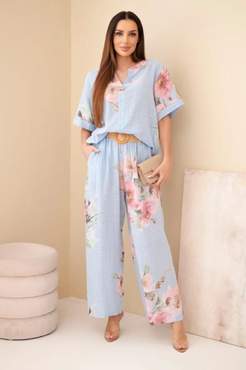Niebieski komplet bawełniany damski z szeroką nogawką