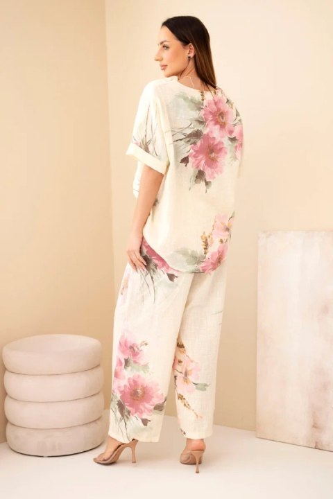 Komplet damski bawełniany z krótkim rękawem i szeroką nogawką żółty