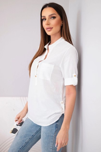 Bluzka damska koszulowa bawełniana z krótkim rękawem i kieszonką biała
