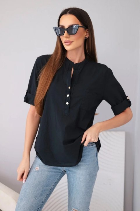Bluzka damska koszulowa bawełniana z krótkim rękawem i kieszonką czarna