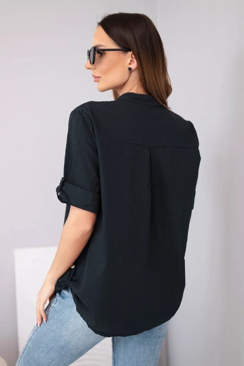 Bluzka damska koszulowa bawełniana z krótkim rękawem i kieszonką czarna