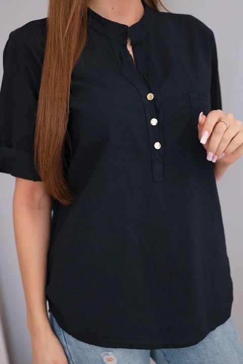 Bluzka damska koszulowa bawełniana z krótkim rękawem i kieszonką czarna