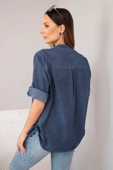 Bluzka damska koszulowa bawełniana z krótkim rękawem i kieszonką granatowa