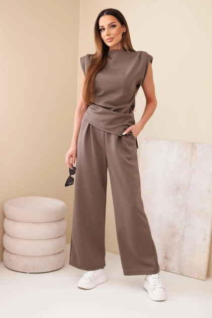 Komplet asymetryczna bluzka + spodnie mocca