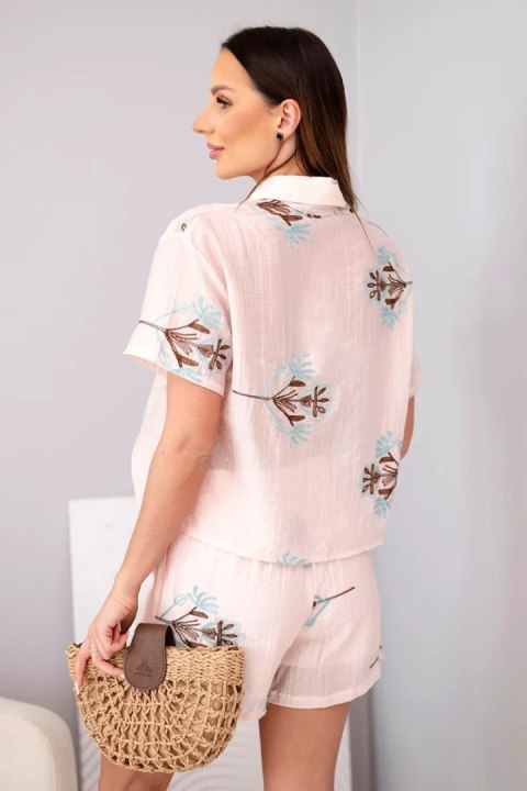 Komplet damski koszula z krótkim rękawem i spódnico-spodenki haftowane pudrowy róż