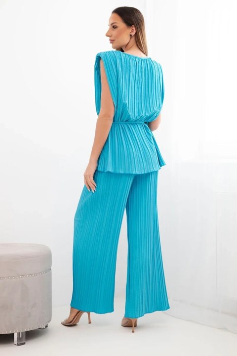 Komplet damski wiskozowy plisowany z wiązaną bluzką i szerokimi spodniami turkusowy