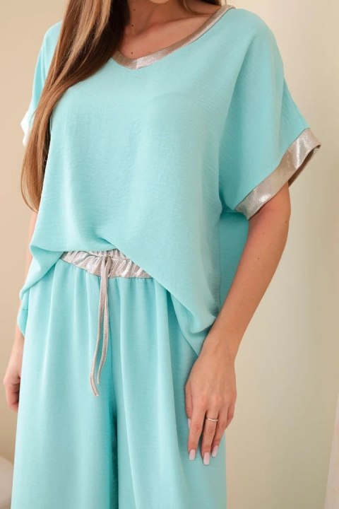 Komplet z wiskozy ze złotym obszyciem miętowy