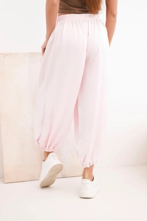 Spodnie damskie szerokie z gumką w pasie i wiązaniem typu alladynki cukierkowy róż