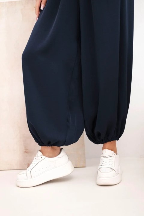 Spodnie damskie szerokie z gumką w pasie i wiązaniem typu alladynki granatowe