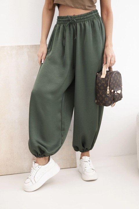 Szerokie spodnie damskie alladynki khaki z gumką w pasie