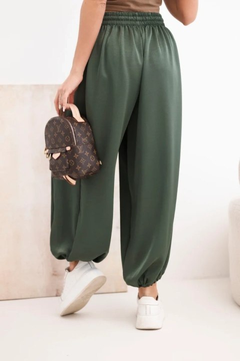 Spodnie damskie szerokie z gumką w pasie i wiązaniem typu alladynki khaki