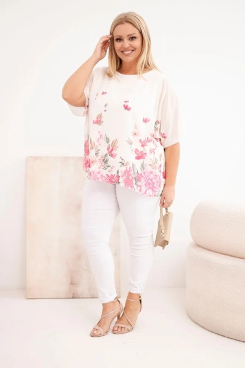 Bluzka damska Plus Size z krótkim rękawem i kwiatowym printem różowa