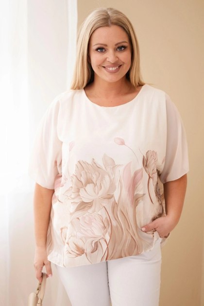 Bluzka damska Plus Size z kwiatowym printem i luźnym rękawem camelowa