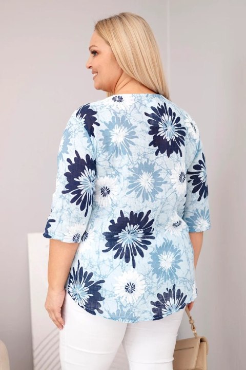 Bluzka damska bawełniana Plus Size z krótkim rękawem i guzikami niebieska